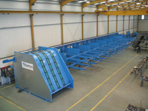 View of a horizontal or chain sorting line for sawmills